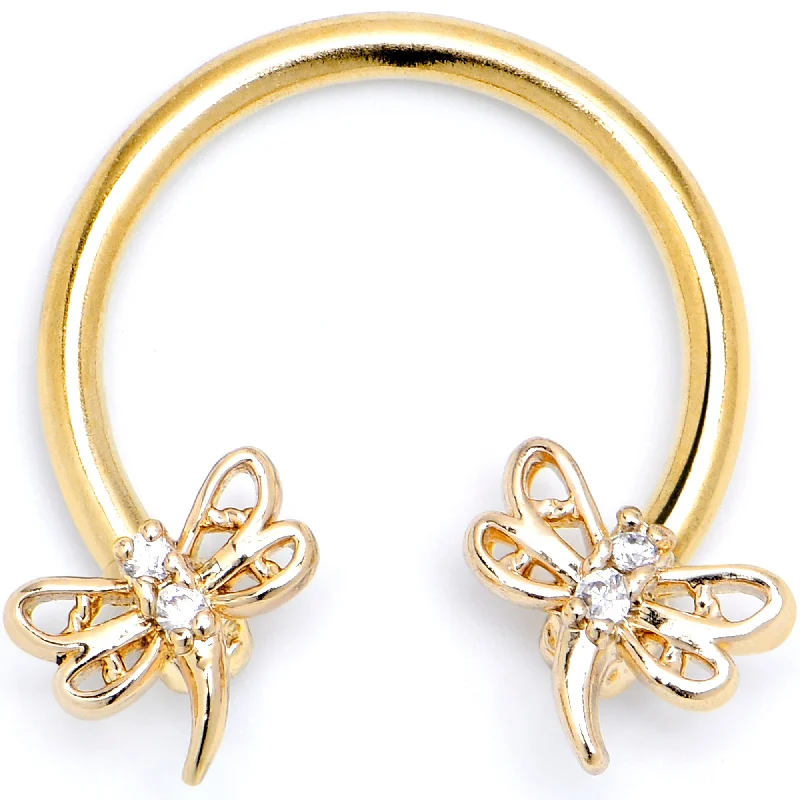 Nose Rings with Stunning Designs -16 Gauge 3/8 Clear CZ Gem Gold Tone Dragonfly Deluxe Circular Barbell Nose Rings with Stunning Designs -16 Gauge 3/8 Clear CZ Gem Gold Tone Dragonfly Deluxe Circular Barbell