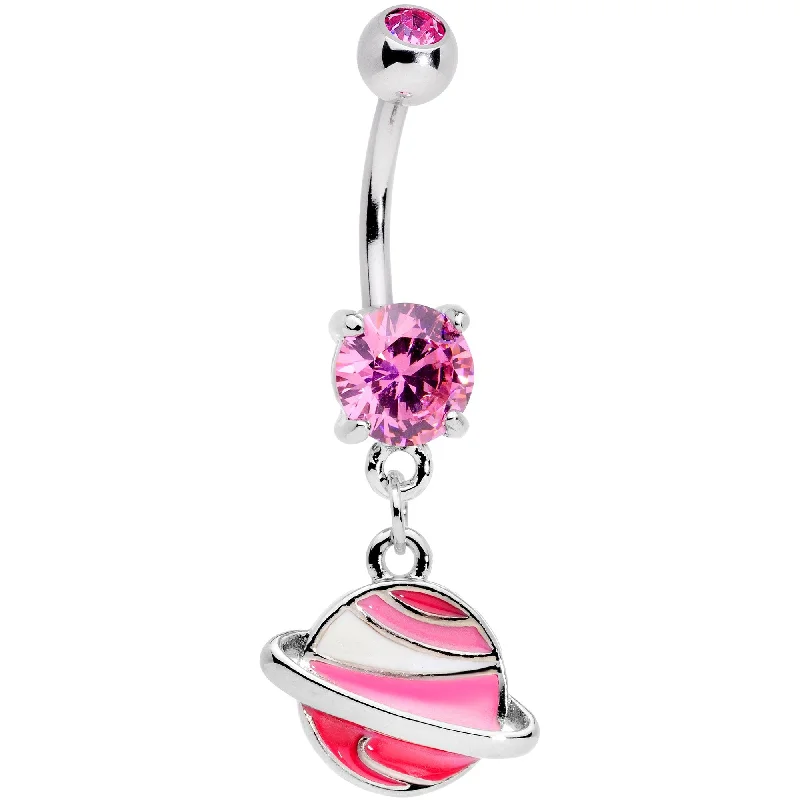 Trendy Belly Rings with Chic Finish -Pink Gem Rings Of Saturn Dangle Belly Ring