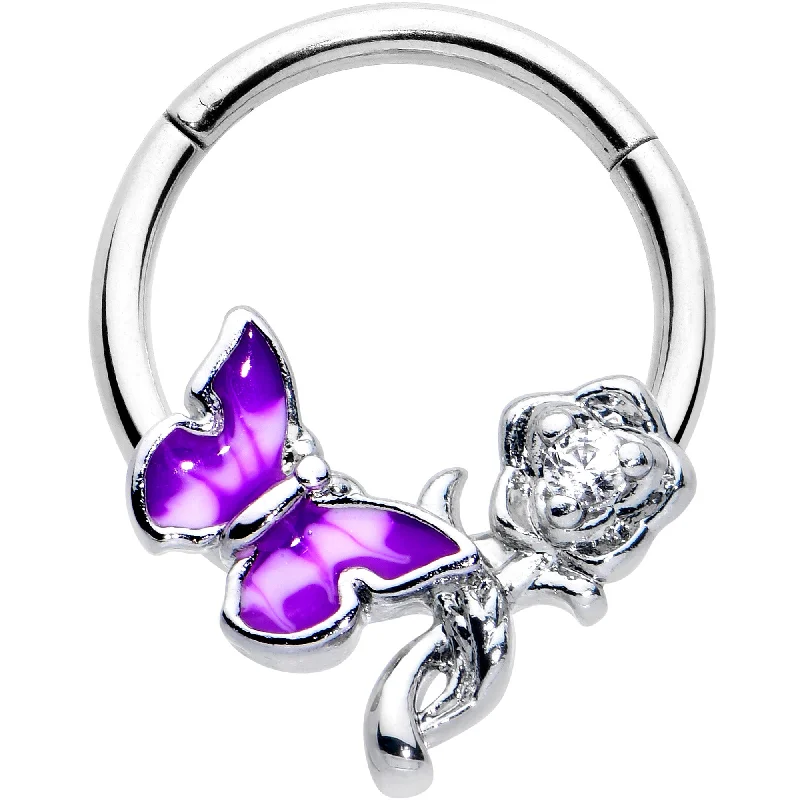 Nose Rings for Expressive Style -16 Gauge 3/8 Clear CZ Gem Butterfly Rose Purple Hinged Segment Ring Nose Rings for Expressive Style -16 Gauge 3/8 Clear CZ Gem Butterfly Rose Purple Hinged Segment Ring