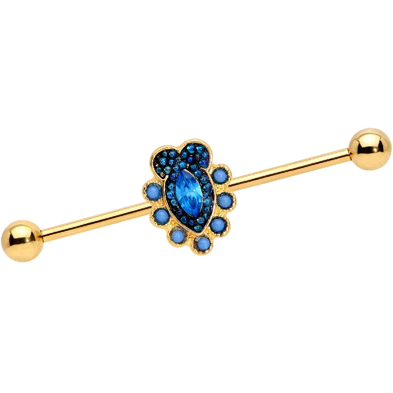 Women's Earrings – Elegant Designs for Every Personality--14 Gauge Blue Gem Gold Tone Opulent Oval Industrial Barbell 38mm Women's Earrings – Elegant Designs for Every Personality--14 Gauge Blue Gem Gold Tone Opulent Oval Industrial Barbell 38mm