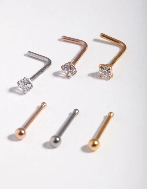 Nose Rings for Creative Styling -Mixed Metal Cubic Zirconia Nose Stud 6-Pack