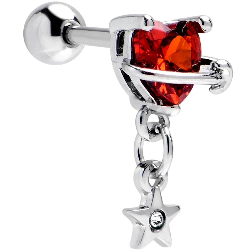 Women's Earrings – Elegant Designs for Every Personality--16 Gauge 1/4 Red CZ Gem Starry Saturn Dangle Cartilage Earring