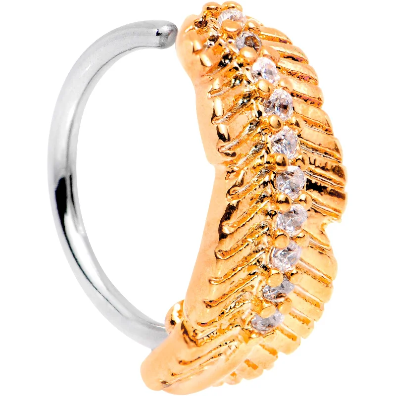 Simple Nose Rings with Classic Appeal -18 Gauge Clear CZ Gem Rose Gold Tone Feather Seamless Circular Ring Simple Nose Rings with Classic Appeal -18 Gauge Clear CZ Gem Rose Gold Tone Feather Seamless Circular Ring