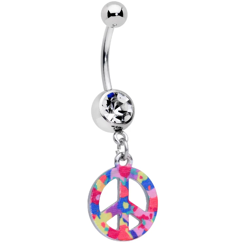 Stunning Belly Rings for Exclusive Appeal -Clear Gem Hippie Rainbow Peace Sign Dangle Belly Ring Stunning Belly Rings for Exclusive Appeal -Clear Gem Hippie Rainbow Peace Sign Dangle Belly Ring
