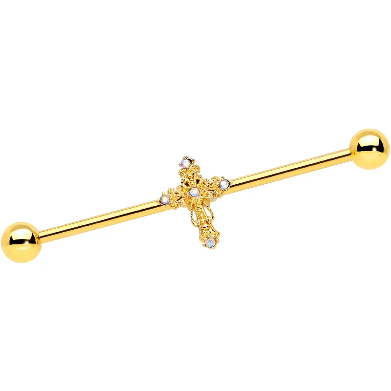 Women's Earrings – Elegant Designs for Every Personality--14 Gauge Clear CZ Gem Gold Tone Cross Industrial Barbell 38mm Women's Earrings – Elegant Designs for Every Personality--14 Gauge Clear CZ Gem Gold Tone Cross Industrial Barbell 38mm