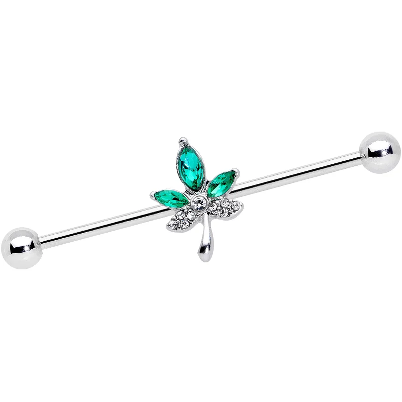Women's Earrings – Elegant Designs for Every Personality--14 Gauge Clear Green Gem Pot Leaf Industrial Barbell 38mm