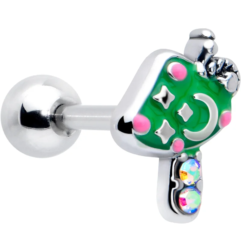 Women's Earrings – Elegant Designs for Every Personality--16 Gauge 1/4 Aurora Gem Fanciful Green Mushroom Cartilage Tragus Earring