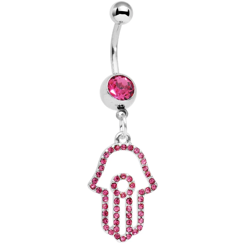Trendy Belly Rings for Unique Fashion -Pink Gem Hollow Hamsa Hand Dangle Belly Ring