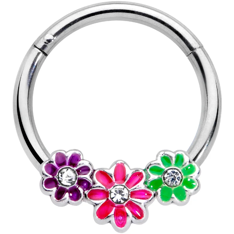 Cute Nose Rings -16 Gauge 3/8 Clear Gem Floral Garland Hinged Segment Ring