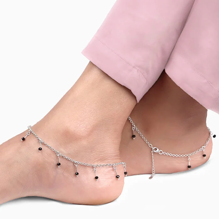 Simple Anklets for Effortless Style-Silver Black Beaded Charm Anklet