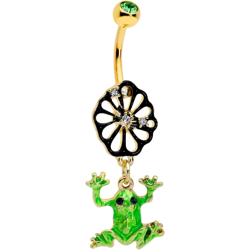Unique Belly Rings for Bold Style -Clear Green Gem Gold Tone Flower Tree Frog Dangle Belly Ring Unique Belly Rings for Bold Style -Clear Green Gem Gold Tone Flower Tree Frog Dangle Belly Ring