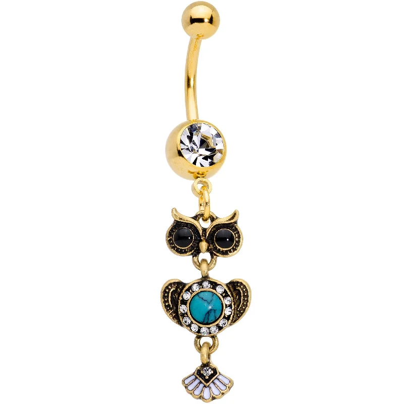 Trendy Belly Rings with Creative Accents -Faux Turquoise Gold Tone Southwestern Wise Old Owl Dangle Belly Ring Trendy Belly Rings with Creative Accents -Faux Turquoise Gold Tone Southwestern Wise Old Owl Dangle Belly Ring