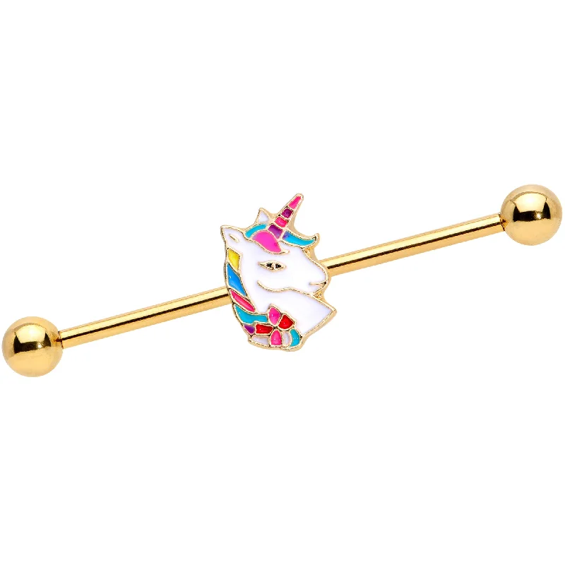 Women's Earrings – Elegant Designs for Every Personality--14 Gauge Gold Tone Rainbow Unicorn Industrial Barbell 38mm