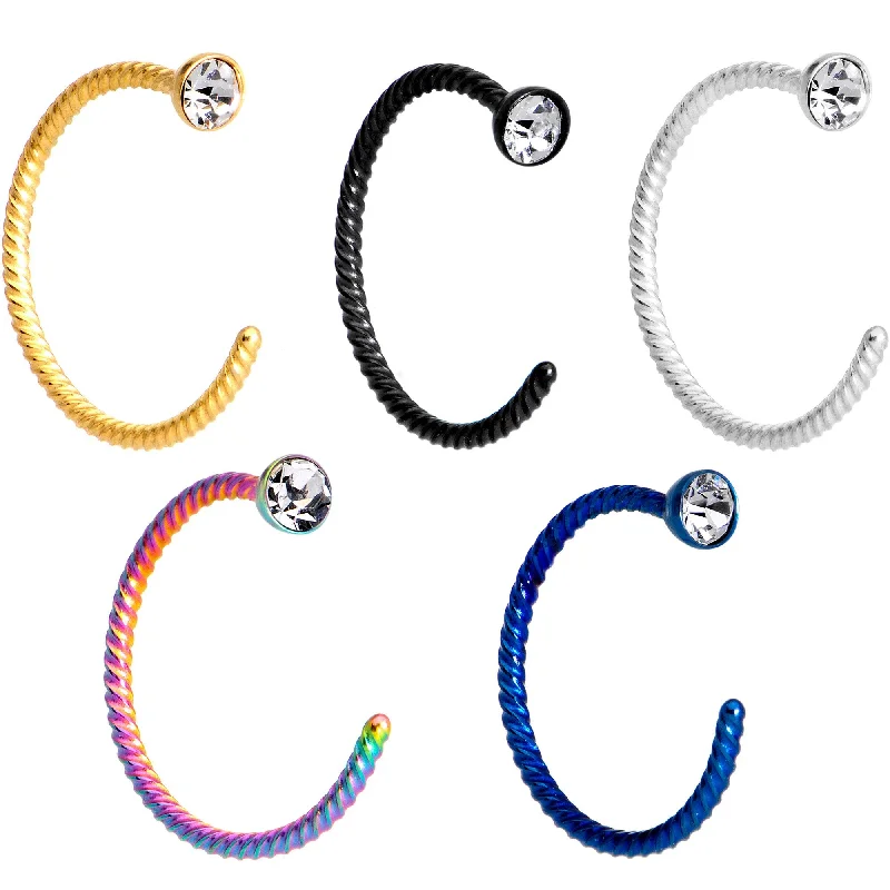 Nose Rings for Vintage Look -20 Gauge 5/16 Clear Gem Rainbow Pack Set of 5 Twisted Nose Hoop Rings Nose Rings for Vintage Look -20 Gauge 5/16 Clear Gem Rainbow Pack Set of 5 Twisted Nose Hoop Rings