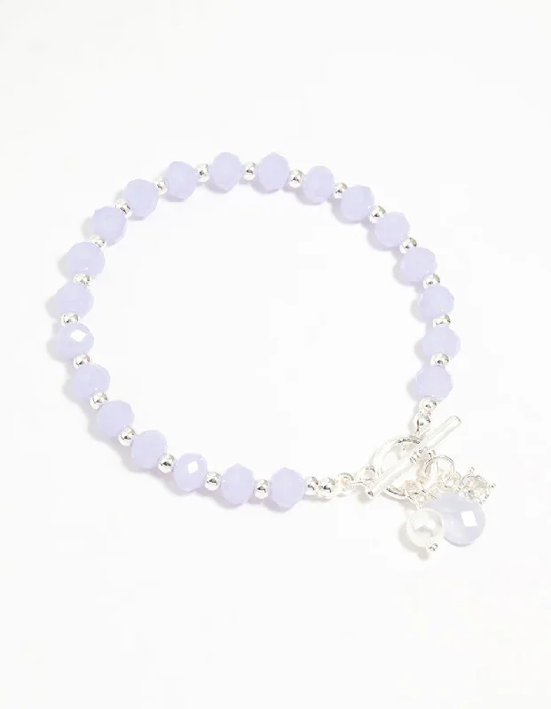 Silver Bangle Sets for Women-Silver Pearl & Diamante Beaded T&O Bracelet