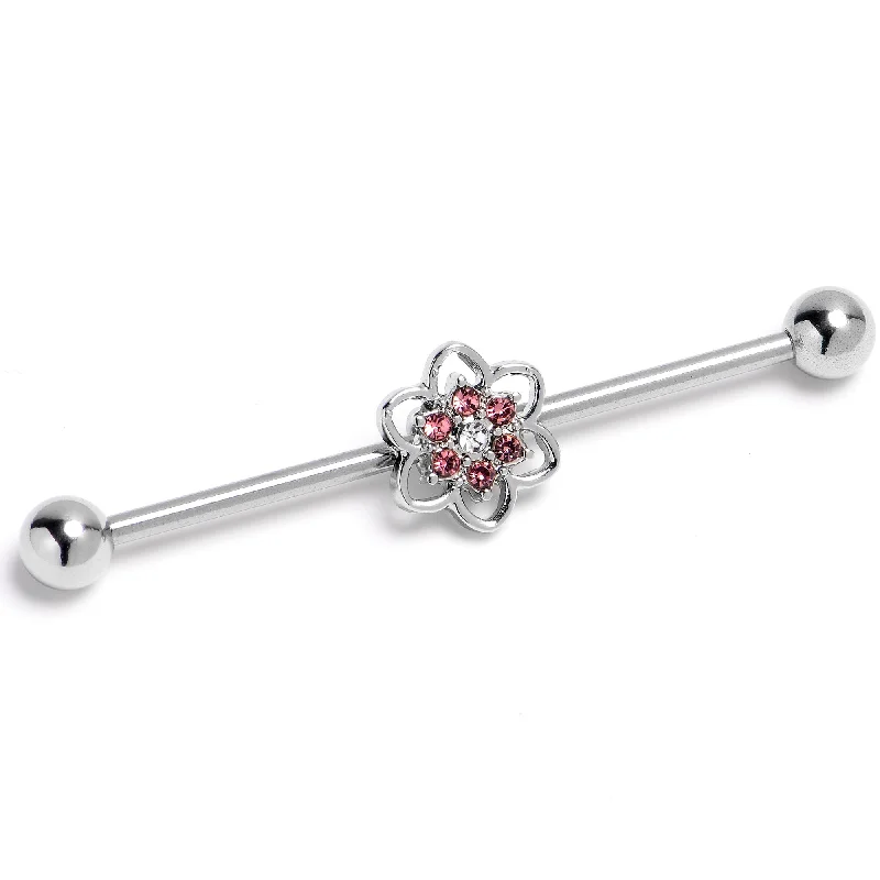 Women's Earrings – Elegant Designs for Every Personality--14 Gauge Pink Radiant Blossom Flower Industrial Barbell 38mm