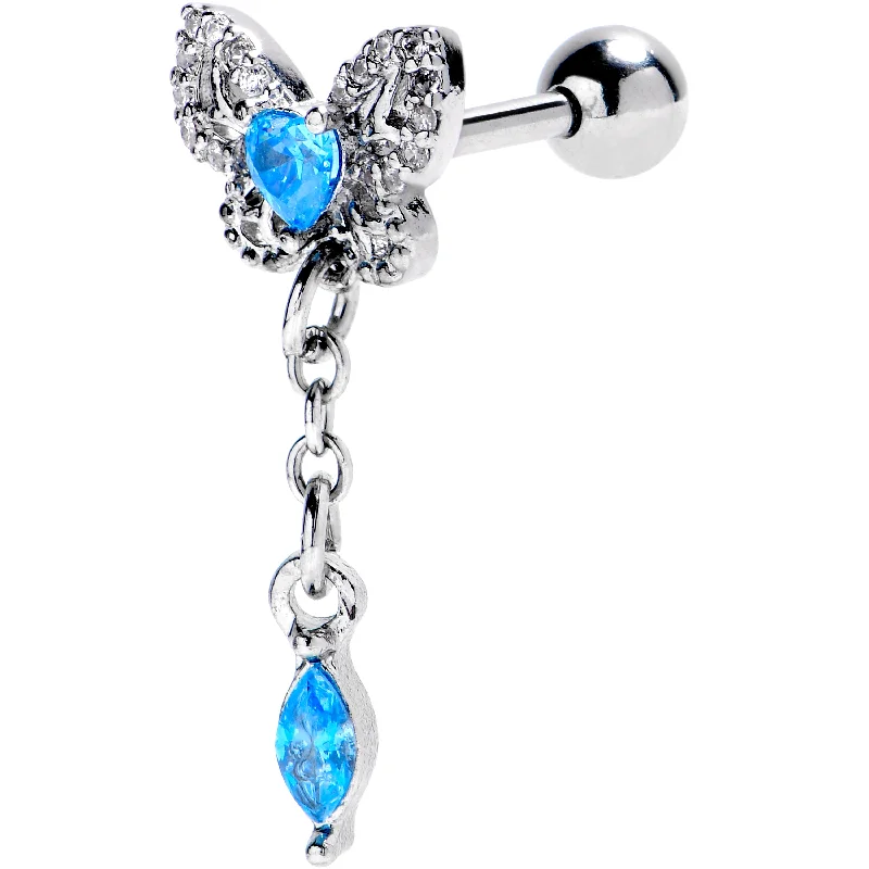 Women's Earrings – Elegant Designs for Every Personality--16 Gauge 1/4 Blue CZ Gem Butterfly Delight Dangle Cartilage Earring