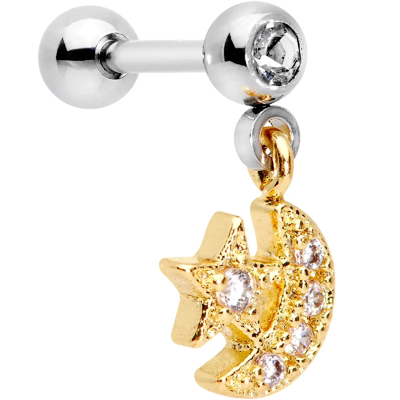 Women's Earrings – Elegant Designs for Every Personality--Clear Gem Gold Tone Crescent Moon Dangle Tragus Cartilage Earring