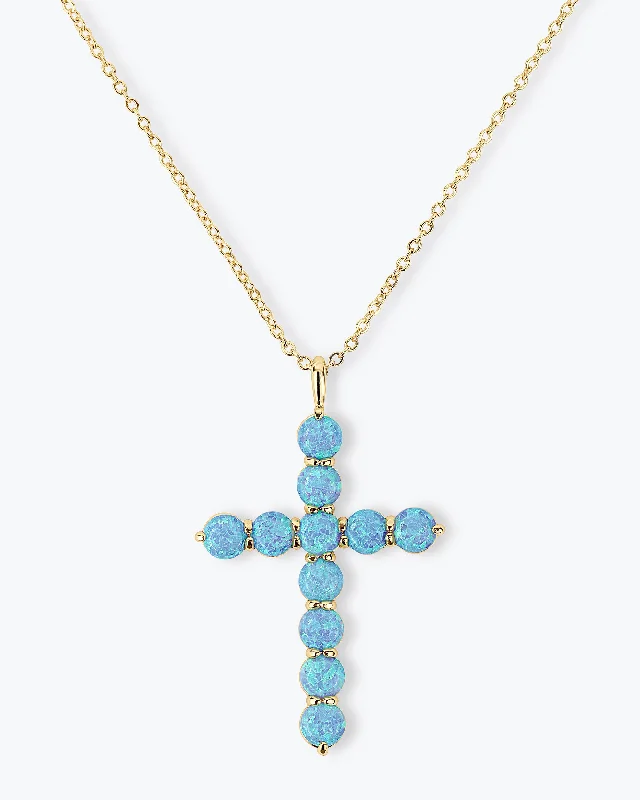 Shop Classic Women's  Necklaces & Pendants with a Modern Twist-"Oh She Fancy" Cross Pendant 18" - Gold|Blue Opal