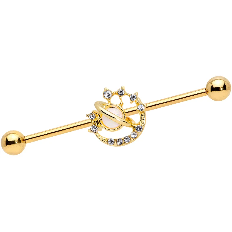 Women's Earrings – Elegant Designs for Every Personality--14 Gauge Clear Gem Gold Tone Saturn Moon Industrial Barbell 38mm