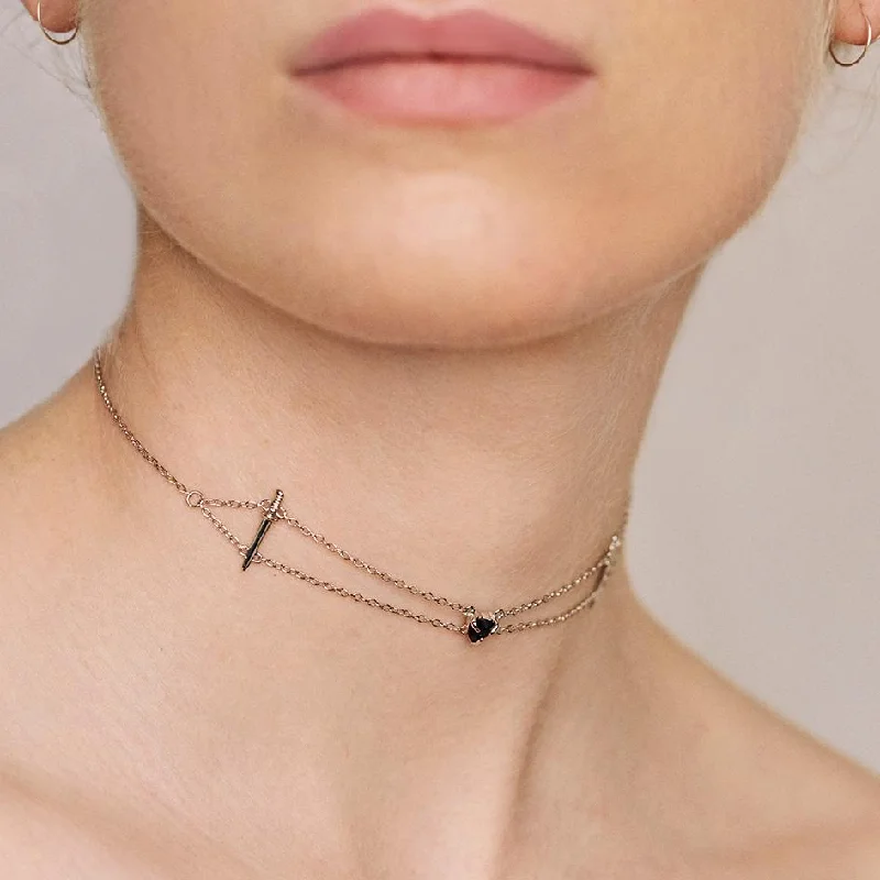 Shop Classic Women's Necklaces & Pendants with a Modern Twist-VINDICATE. Swords & Onyx Heart Choker - Silver Shop Classic Women's Necklaces & Pendants with a Modern Twist-VINDICATE. Swords & Onyx Heart Choker - Silver