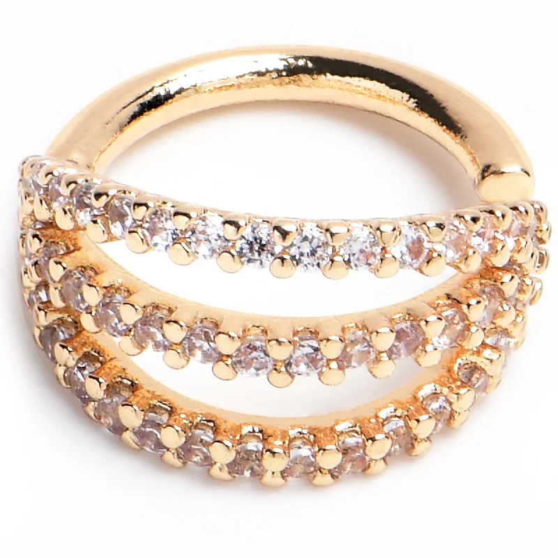 Women's Earrings – Elegant Designs for Every Personality--16 Gauge 5/16 Clear CZ Gem Gold Tone Faux Triple Hoop Closure Ring