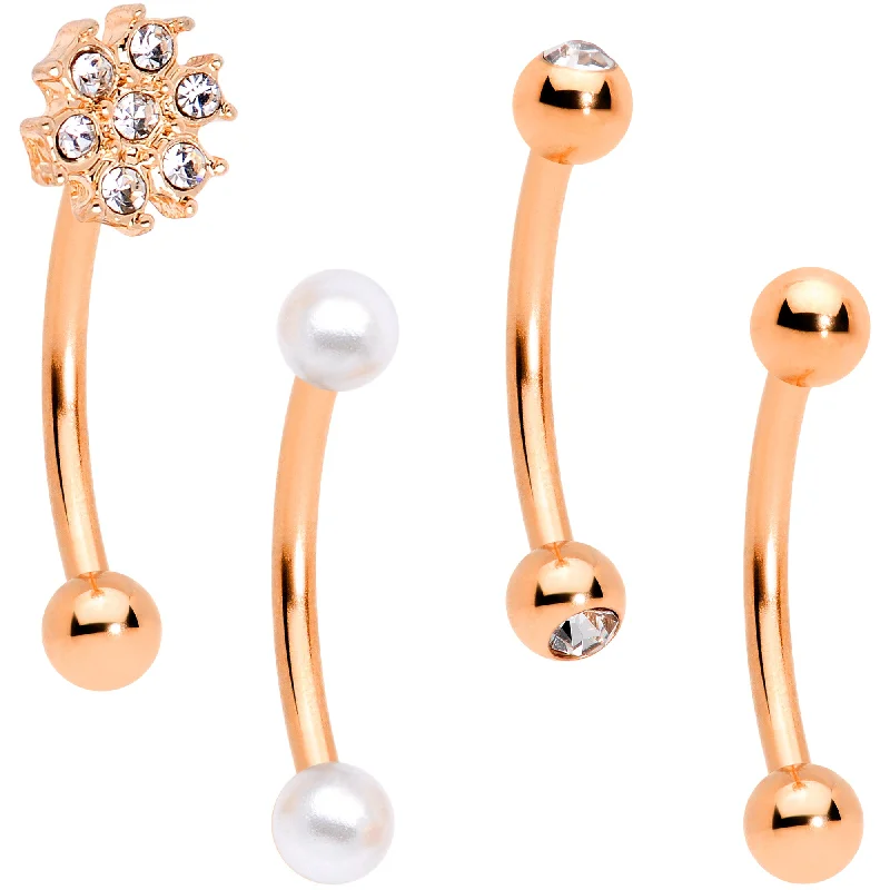 Lip Rings for Bold, Edgy Styles16 Gauge 5/16 Clear Gem Rose Gold Tone Curved Eyebrow Ring Set of 4
