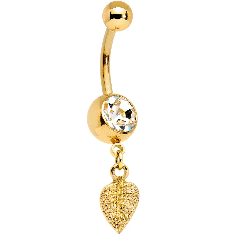 Unique Belly Rings with Sparkling Details -Clear Gem Gold Tone Autumn Textured Leaf Dangle Belly Ring Unique Belly Rings with Sparkling Details -Clear Gem Gold Tone Autumn Textured Leaf Dangle Belly Ring