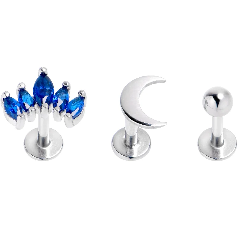 Stunning Lip Rings for Bold Fashion Statements16 Gauge 1/4 Blue CZ Gem Moon Arch Labret Tragus Set of 3 Stunning Lip Rings for Bold Fashion Statements16 Gauge 1/4 Blue CZ Gem Moon Arch Labret Tragus Set of 3