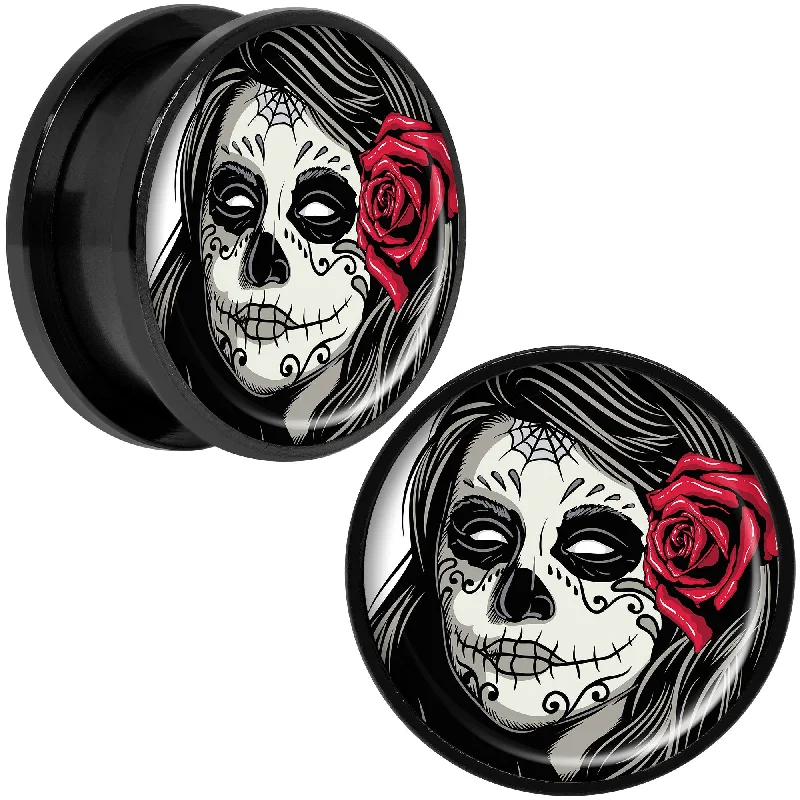 Women's Earrings – Elegant Designs for Every Personality--Katrina Sugar Skull with Rose Flower Black Anodized Screw Fit Plug Set 20mm Women's Earrings – Elegant Designs for Every Personality--Katrina Sugar Skull with Rose Flower Black Anodized Screw Fit Plug Set 20mm