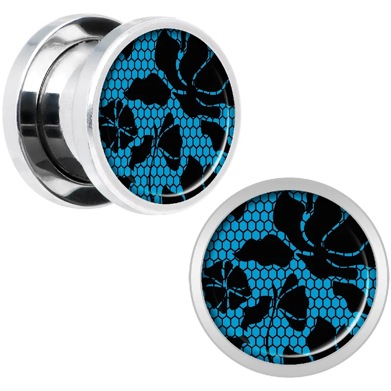 Women's Earrings – Elegant Designs for Every Personality--Blue Floral Lace Steel Screw Fit Plug Set 00 Gauge