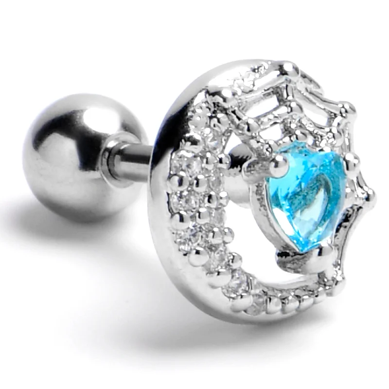 Women's Earrings – Elegant Designs for Every Personality--16 Gauge 1/4 Blue Gem Heart Web Moon Cartilage Tragus Earring