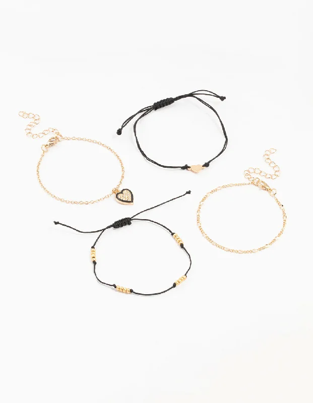 Traditional Gold Bangles for Women-Gold Figaro, Rope & Heart Bracekets 4-Pack
