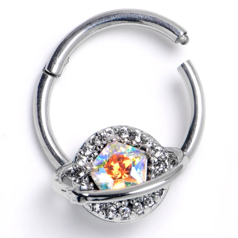 Women's Earrings – Elegant Designs for Every Personality--16 Gauge 3/8 Aurora Clear CZ Gem Textured Saturn Hinged Segment Ring