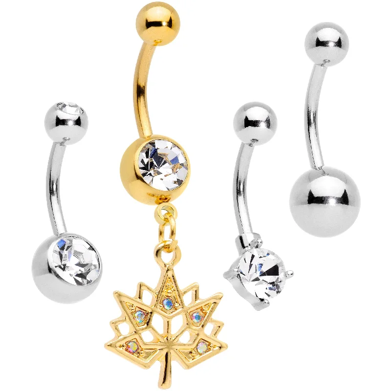 Stunning Belly Rings with Shiny Finish -Clear Aurora Gem Gold Tone Maple Leaf Dangle Belly Ring Set of 4 Stunning Belly Rings with Shiny Finish -Clear Aurora Gem Gold Tone Maple Leaf Dangle Belly Ring Set of 4