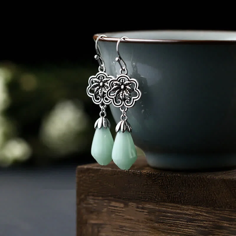 Women's Earrings – Elegant Designs for Every Personality--Buddha Stones Magnolia Flower Jade Water Drop Prosperity Dangle Earrings