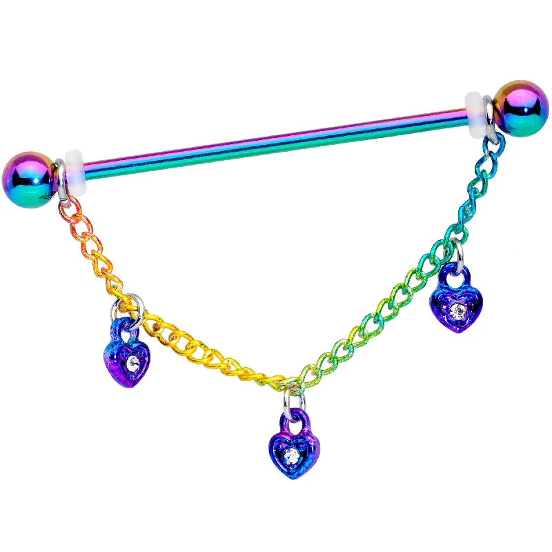 Women's Earrings – Elegant Designs for Every Personality--14 Gauge Clear Gem Rainbow Padlock Heart Dangle Industrial Barbell 38mm