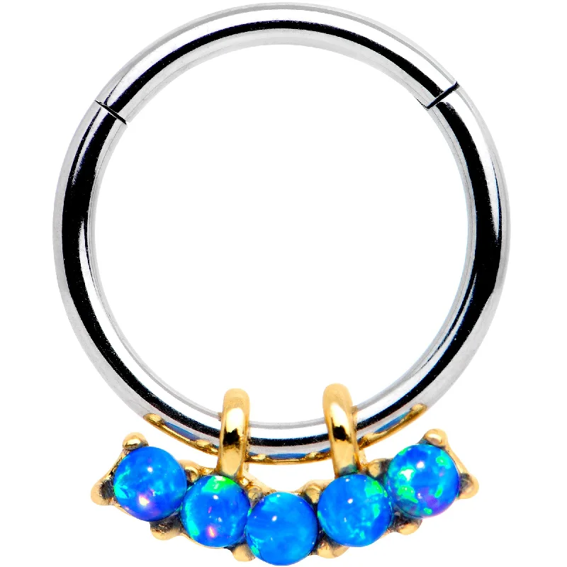 Beautiful Lip Rings for Every Occasion16 Gauge 5/16 Blue Synthetic Opal Quintet Hinged Segment Ring Beautiful Lip Rings for Every Occasion16 Gauge 5/16 Blue Synthetic Opal Quintet Hinged Segment Ring