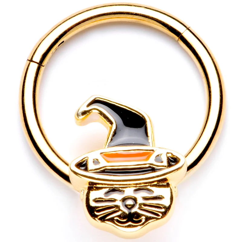 Comfortable and Stylish Lip Rings for Every Occasion16 Gauge 3/8 Gold Tone Witch Hat Cat Halloween Hinged Segment Ring