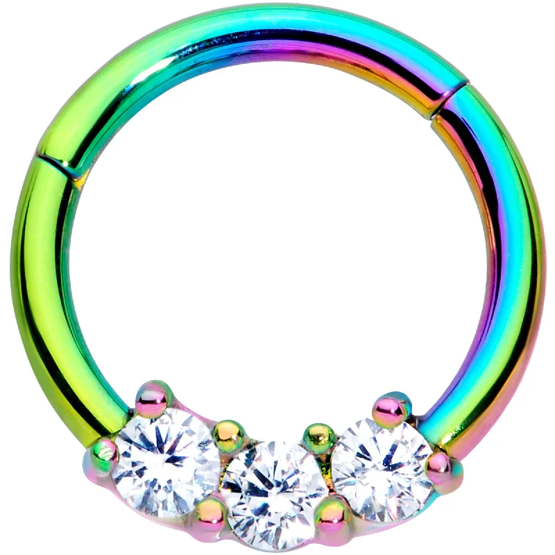 Eye-Catching Nose Rings for Glam Look -16 Gauge 5/16 Clear CZ Gem Rainbow Trio Hinged Segment Ring Eye-Catching Nose Rings for Glam Look -16 Gauge 5/16 Clear CZ Gem Rainbow Trio Hinged Segment Ring