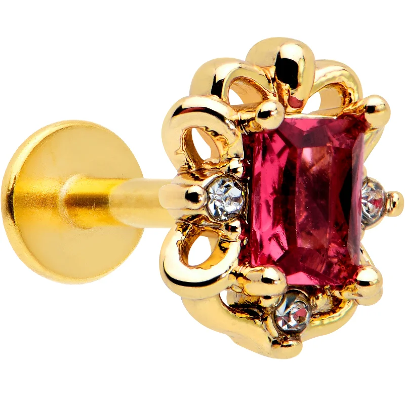 Women's Earrings – Elegant Designs for Every Personality--16 Gauge 1/4 Red Gem Gold Tone Regal Escutcheon Labret Monroe Tragus