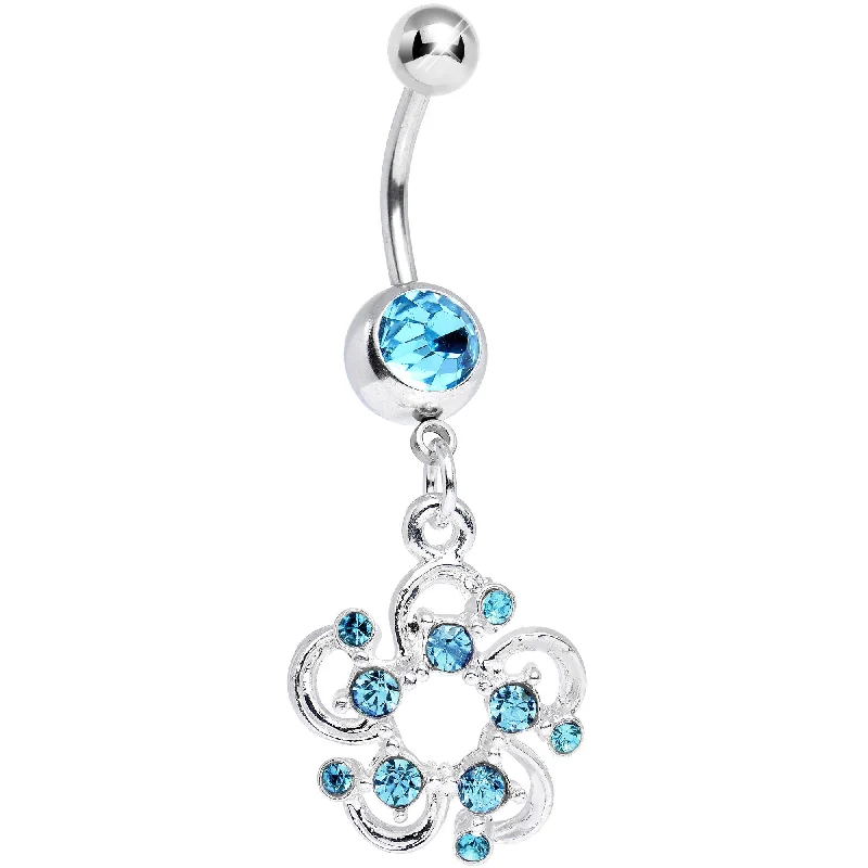 Comfortable Belly Rings for Chic Comfort -Aqua Gem Summertime Open Flower Petal Dangle Belly Ring Comfortable Belly Rings for Chic Comfort -Aqua Gem Summertime Open Flower Petal Dangle Belly Ring