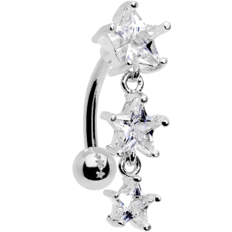 Comfortable Belly Rings for Long-Wear Fashion -Clear CZ Gem Triple Star Top Mount Dangle Belly Ring Comfortable Belly Rings for Long-Wear Fashion -Clear CZ Gem Triple Star Top Mount Dangle Belly Ring
