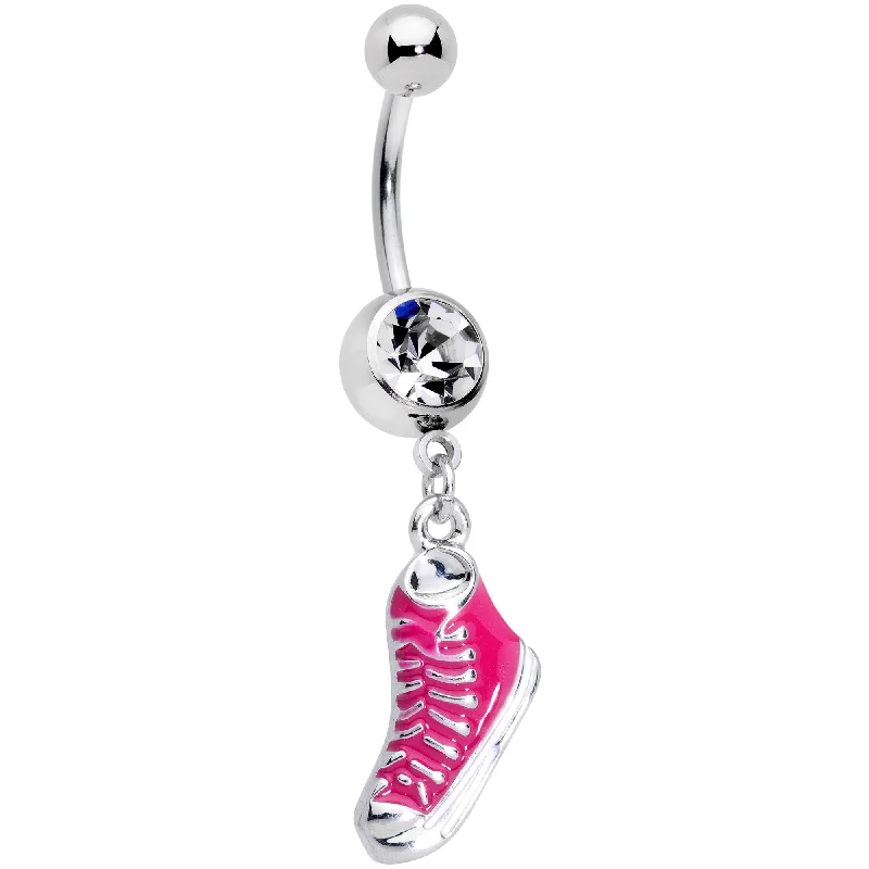 Comfortable Belly Rings with Special Design -Clear Gem Pink High Top Sneaker Dangle Belly Ring Comfortable Belly Rings with Special Design -Clear Gem Pink High Top Sneaker Dangle Belly Ring