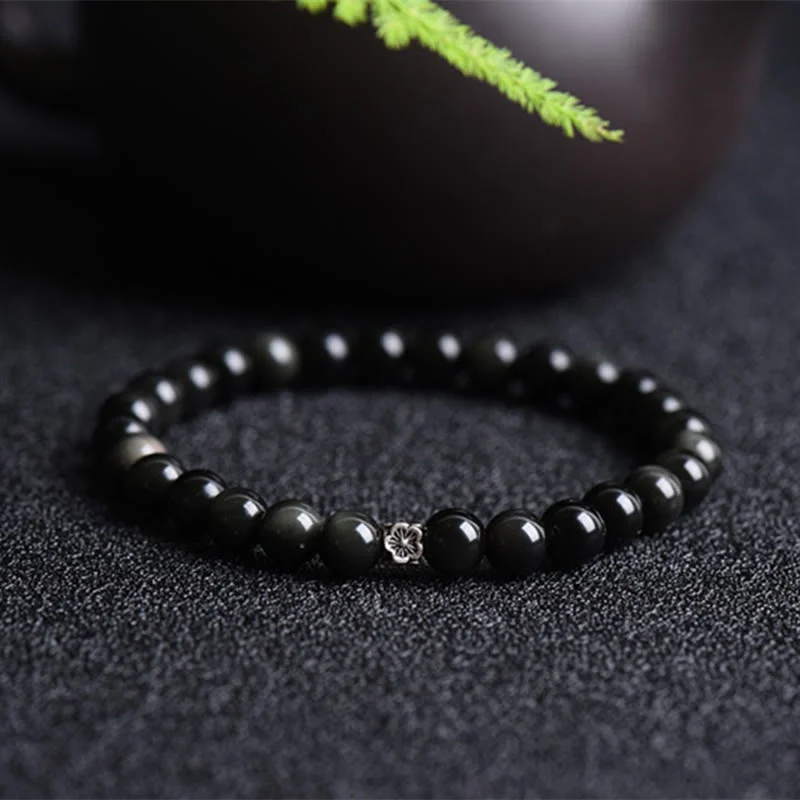 Stylish Bracelets for Men with Simple Bands-Buddha Stones Black Obsidian Bead 925 Sterling Silver Flower Design Purification Bracelet Stylish Bracelets for Men with Simple Bands-Buddha Stones Black Obsidian Bead 925 Sterling Silver Flower Design Purification Bracelet