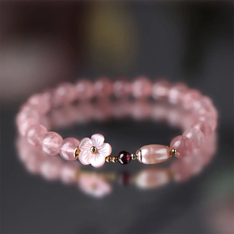 Bangles with Engraved Initials for Women-Buddha Stones Strawberry Quartz Peach Blossom Love Bracelet