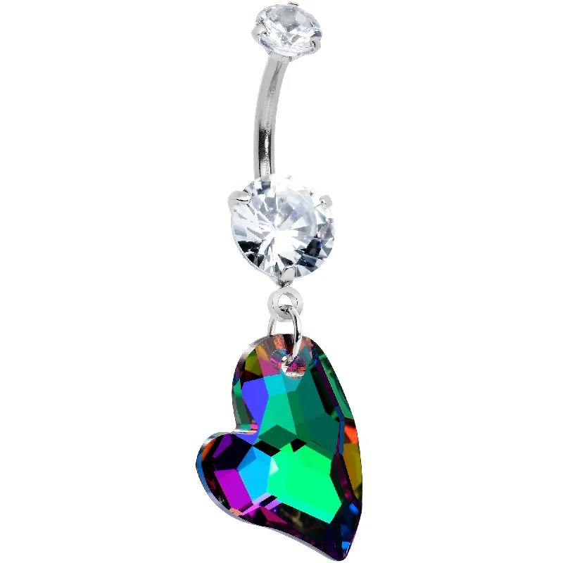 Custom Belly Rings with Personalized Features -Clear Vitrail CZ Gem Triple Glam Heart Valentines Day Dangle Belly Ring Custom Belly Rings with Personalized Features -Clear Vitrail CZ Gem Triple Glam Heart Valentines Day Dangle Belly Ring