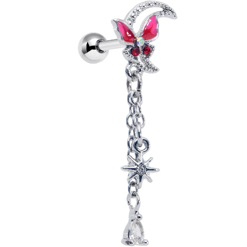 Women's Earrings – Elegant Designs for Every Personality--16 Gauge 1/4 Clear Gem Butterfly Pink Beauty Dangle Cartilage Earring