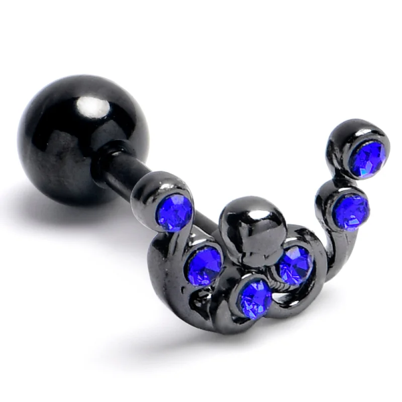 Women's Earrings – Elegant Designs for Every Personality--16 Gauge 1/4 Blue Gem Black Scrolling Elegance Cartilage Tragus Earring