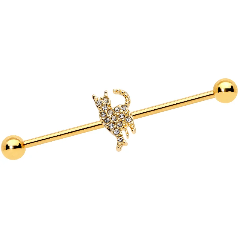 Women's Earrings – Elegant Designs for Every Personality--14 Gauge Clear Gem Gold Tone Glamourpuss Cat Industrial Barbell 38mm